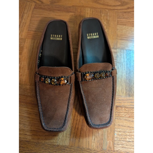 Stuart Weitzman Shoes - Stuart Weitzman Suede Loafers Brown Jeweled Preppy Block Heel Size 7.5 Y2K 7 1/2
